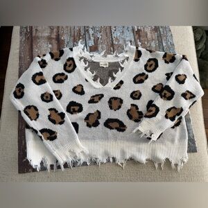 Oversized Distressed Hem Leopard Print Fringed Sweater